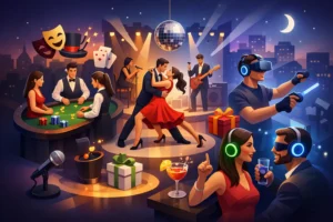 Nightclub party scene with a casino table, dancing couple, live band, VR gamer, and guests enjoying drinks.